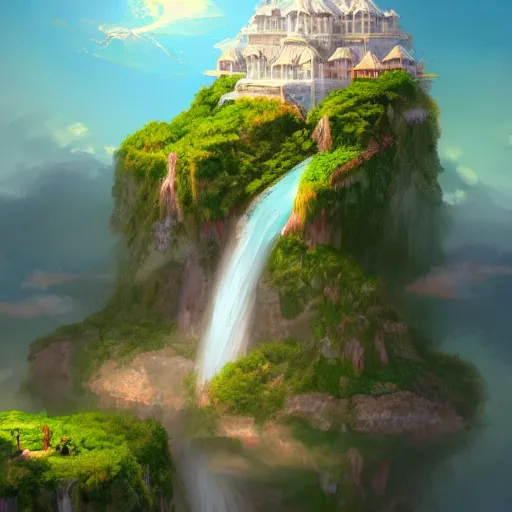 Prompt: Floating Islands in the Sky Over the Ocean, Cascading Waterfalls, Palace on One of the Floating Islands, Digital Painting, Artstation