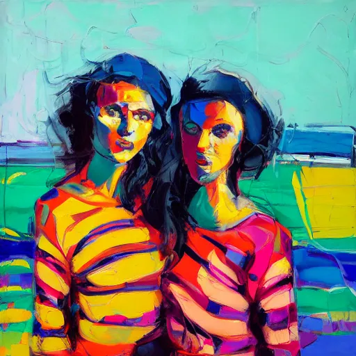 Image similar to a portrait of two beautiful 3 0 year old sisters in a scenic environment by francoise nielly