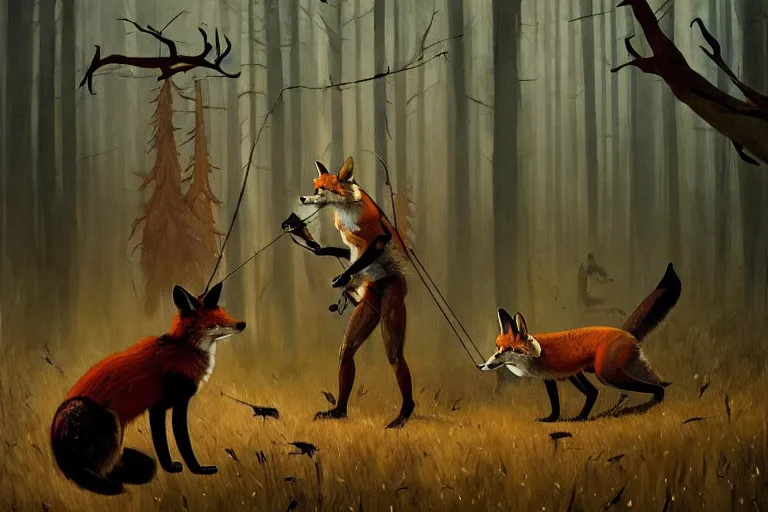 Image similar to ( ( a beautiful masterpiece painting ) a english fox hunter and a monster in a hunting lodge ( by ( barloe ) and ( anato finnstark ) and ( greg rutkowski ) and ( ) and i ( francis picabia ) ) ( camouflage ) ( hyperrealism ) ( trending on artstation )