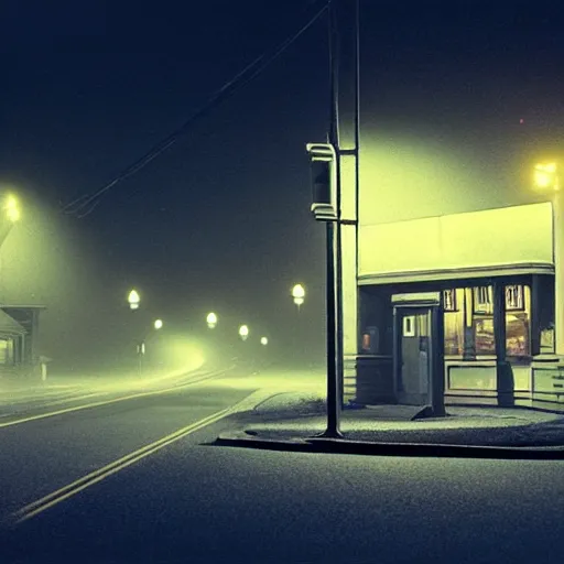 Prompt: A stunningly beautiful award-winning 8K high angle cinematic movie photograph of a dark foggy main intersection in an abandoned 1950s small town at night, by Edward Hopper and David Fincher and Darius Khonji, cinematic lighting, perfect composition, moody low key volumetric light. Color palette from Seven, greens yellows and reds. 2 point perspective, from 15 feet off the ground