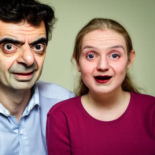 Image similar to A portrait mr bean elizabeth teams up with a teenage mr bean, perfect faces, 50 mm, award winning photography