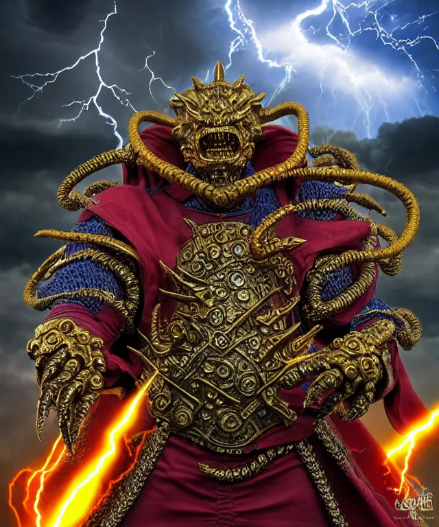 Prompt: hyperrealistic rendering, epic boss battle, ornate supreme demon overlord, jewel crown, battle armor, by art of skinner and richard corben and jeff easley, product photography, action figure, sofubi, storm clouds, outside, lightning