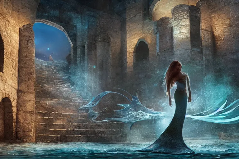 Image similar to the most amazing dream you ever had about a modern mermaid looking at an ancient castle ornated with old arabic script, hyper realistic, ambient lighting, concept art, intricate, hyper detailed, smooth, dynamic volumetric lighting, octane, cinematic