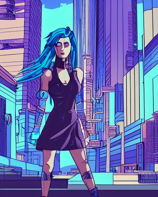 Prompt: cel shaded art of a pretty blue haired girl wearing a dress, cyberpunk city street background