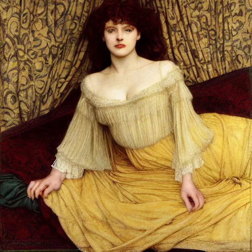 Image similar to preraphaelite photography reclining on bed, a hybrid of judy garland and a hybrid of madame de stael and eleanor of aquitaine, aged 2 5, big brown fringe, yellow ochre ornate medieval dress, john william waterhouse, kilian eng, rosetti, john everett millais, william holman hunt, william morris, 4 k