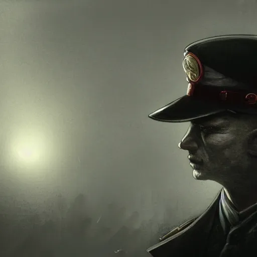 Image similar to gloomy scary soviet policeman, fog, darkness, evil, magic the gathering artwork, D&D, fantasy, cinematic lighting, centered, symmetrical, highly detailed, digital painting, artstation, concept art, smooth, sharp focus, illustration, volumetric lighting, epic Composition, 8k, art by Akihiko Yoshida and Greg Rutkowski and Craig Mullins, oil painting, cgsociety