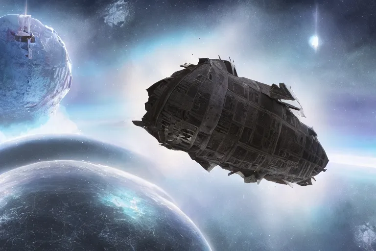 Prompt: matte painting of a destroyed spaceship floating in deep space
