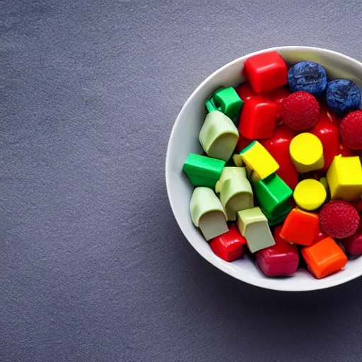 Prompt: A bowl of fruit is made of legos, studio lighting.