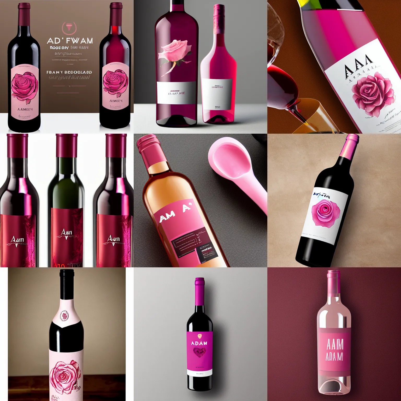 Prompt: adam's friendly rose wine, wine bottle, friendly modern design label, pink wine, manly