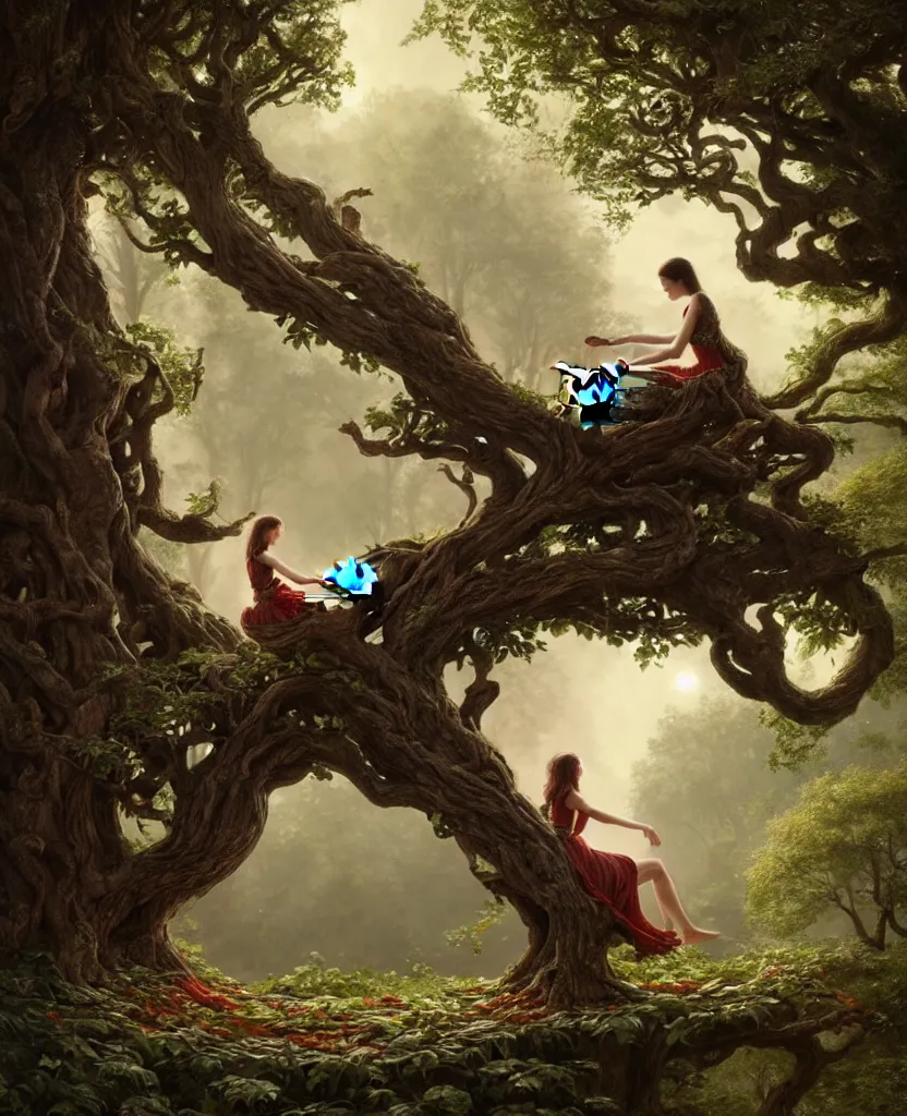 Image similar to woman playing a piano sitting on a giant tree, very detailed, 8k, maximized, ornate, masterpiece, complex, by Greg rutkowski, Alex Gray, surrounded by smoke