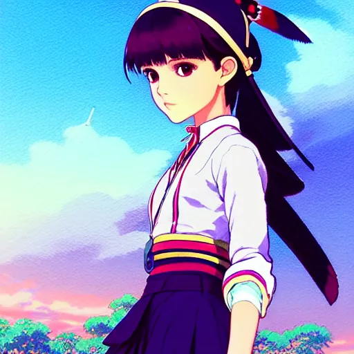 Image similar to a beautiful! boyish! natalie portman model, wearing catholic school girl outfit with mayan pattern and native style, jrpg aztec street fashion, gapmoe yandere grimdark, trending on pixiv fanbox, painted by greg rutkowski makoto shinkai takashi takeuchi studio ghibli, akihiko yoshida