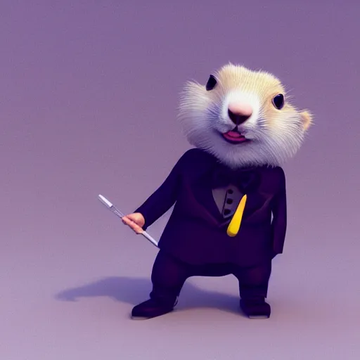 Image similar to cute anthro marmot in a black tuxedo while holding a yellow pencil in the left hand, digital art, 3 d rendered in octane, blender, maya, shadows, lighting