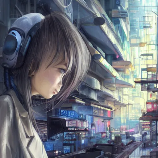 Image similar to dynamic composition, motion, ultra-detailed, incredibly detailed, a lot of details, amazing fine details and brush strokes, colorful and grayish palette, smooth, HD semirealistic anime CG concept art digital painting, watercolor oil painting of Clean and detailed post-cyberpunk sci-fi close-up schoolgirl in asian city in style of cytus and deemo, blue flame, relaxing, calm and mysterious vibes,, by a Chinese artist at ArtStation, by Huang Guangjian, Fenghua Zhong, Ruan Jia, Xin Jin and Wei Chang. Realistic artwork of a Chinese videogame, gradients, gentle an harmonic grayish colors. set in half-life 2, Matrix, GITS, Blade Runner, Neotokyo Source, Syndicate(2012), dynamic composition, beautiful with eerie vibes, very inspirational, very stylish, with gradients, surrealistic, dystopia, postapocalyptic vibes, depth of field, mist, rich cinematic atmosphere, perfect digital art, mystical journey in strange world