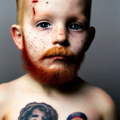Image similar to mugshot photograph of a five year old boy with gang tattoos, facial tattoo, beard by annie leibovitz, red hair, freckles
