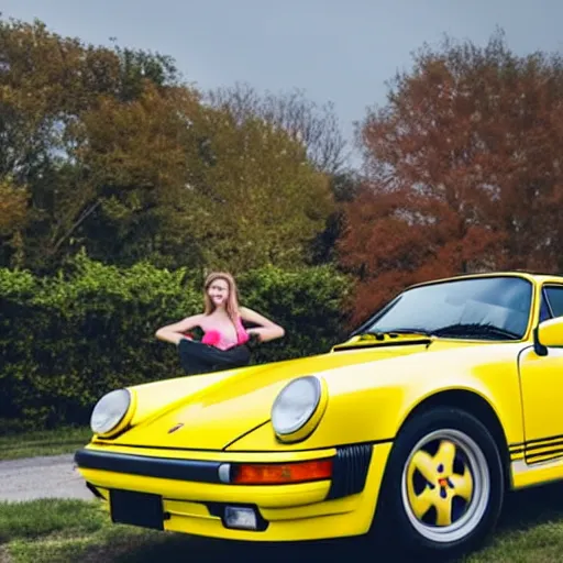 Image similar to an attractive young women reclining on a yellow 1 9 8 5 porsche 9 1 1 turbo, photo 4 k