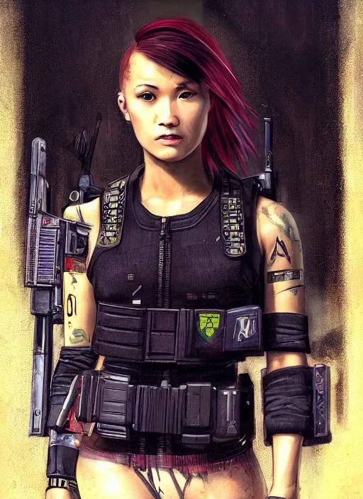 Prompt: Nikki tanaka. beautiful cyberpunk female USN marine wearing a military vest and punk clothing. (Cyberpunk 2077, bladerunner 2049). gorgeous face. Iranian orientalist portrait by john william waterhouse and Edwin Longsden Long and Theodore Ralli and Nasreddine Dinet, oil on canvas. Cinematic, hyper realism, realistic proportions, dramatic lighting, high detail 4k