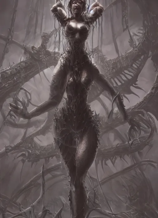 Image similar to a detailed full body portrait of a statue black haired girl knelling, in highly detailed giant hall, the queen of blades, diablo 4 queen, a beautiful face, by dorian cleavenger, greg rutkowski, wlop, astri lohne, zdzisław beksinski, trending on artstation