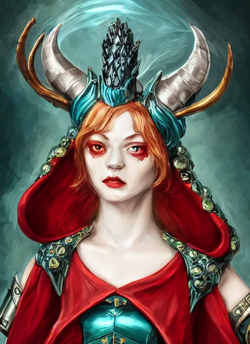 Prompt: masterful rococo style portrait, female devil warrior of deep blue skin, straight aquamarine translucent crystal horns, shiny dark blood red hair, shifty lime green eyes and a playful smile wearing teal lined crimson plate armor and a white cape with red lining, highly detailed masterpiece, dnd, dungeons and dragons, magic, artstation trending, 8 k