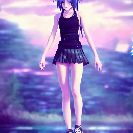 Image similar to beautiful anime girl in the style of final fantasy 7, wearing a skirt and a tanktop, perfect body, standing in the rain, high quality anime art, trending on artstation, 8K octane render, wallpaper