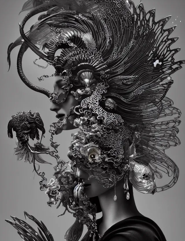 Image similar to 3 d goddess of death close - up profile portrait with ram skull. beautiful intricately detailed japanese crow kitsune mask and clasical japanese kimono. betta fish, jellyfish phoenix, bio luminescent, plasma, ice, water, wind, creature, artwork by tooth wu and wlop and beeple and greg rutkowski