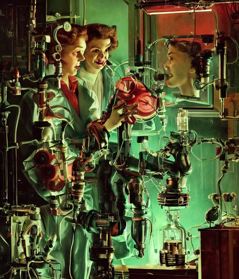 Image similar to a female mad scientist woman building a humanoid robot - man, in a darkly lit laboratory room, 1 9 5 0 s horror movie poster style, ( norman rockwell oil painting ), tight shot, close - up shot, retro science fiction, vintage, saturated pink and green lighting, shadowy lighting, cohesive