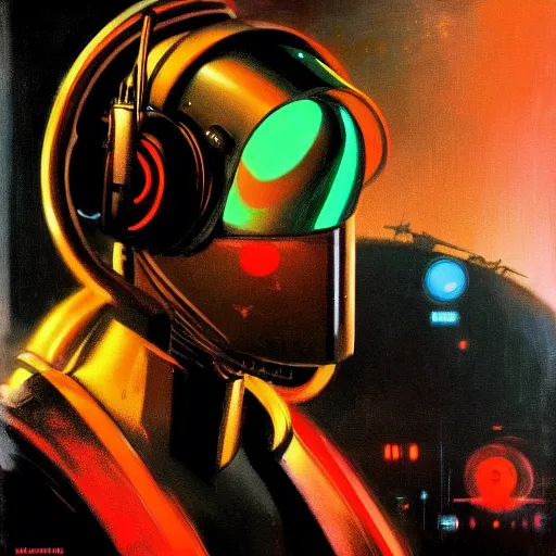 Image similar to a dark and colorful close - up side profile portrait of a sci - fi mecha robot with headphones, led lights glowing fog in the background. highly detailed science fiction painting by norman rockwell, frank frazetta, and syd mead. rich colors, high contrast, gloomy atmosphere, dark background. trending on artstation