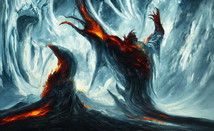Prompt: an abstract oil painting of Balrog of Moria; swirling sheets of light and fire; hyper-detailed; an extraordinary masterpiece!!!; flawless; trending on artstation