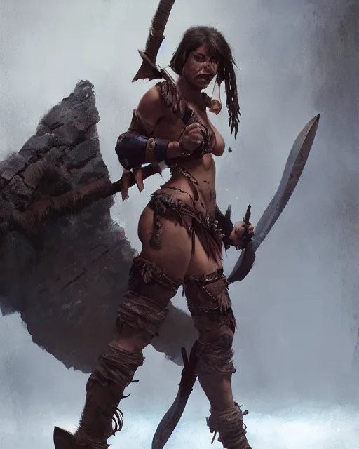 Image similar to hyper realistic photo of barbarian warrior girl, full body, cinematic, artstation, cgsociety, greg rutkowski, james gurney, mignola