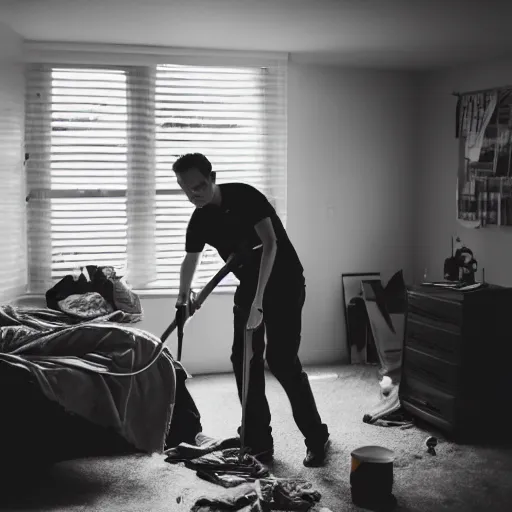 Image similar to photo of jordan peterson cleaning his messy room, 55mm photography, f/1.3