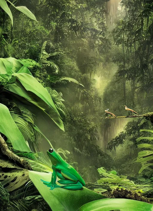 Prompt: a beautiful matte painting of a green frog in the jungle, kambo