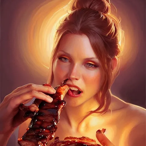 Prompt: Michelle Pfieffer Eating BBQ Ribs, dripping BBQ Sauce, D&D, fantasy, intricate, elegant, highly detailed, digital painting, artstation, concept art, matte, sharp focus, illustration, hearthstone, art by Artgerm and Greg Rutkowski and Alphonse Mucha