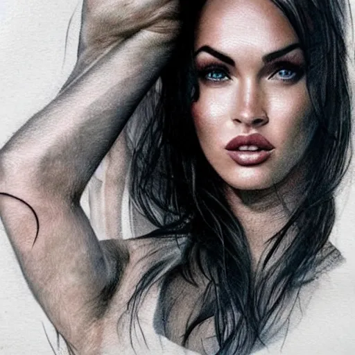 Image similar to realism tattoo sketch of double exposure megan fox and beautiful mountain scenery, in the style of andrey lukovnikov