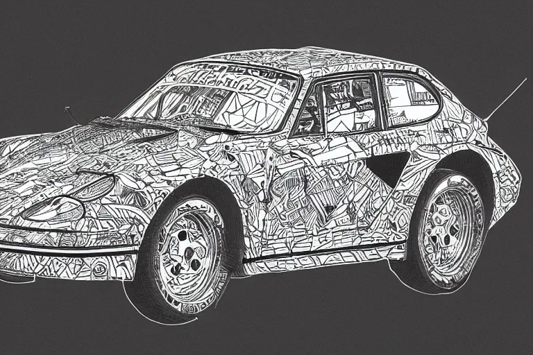 Image similar to a black and white drawing of a porsche 9 3 5 slantnose, a detailed mixed media collage by hiroki tsukuda and eduardo paolozzi and moebius, intricate linework, sketchbook psychedelic doodle comic drawing, geometric, street art, polycount, deconstructivism, matte drawing, academic art, constructivism