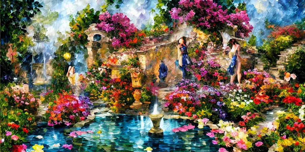 Image similar to flowers and fountains in valley village by arthur adams, charlie bowater, leonid afremov, chiho ashima, karol bak, david bates, tom chambers