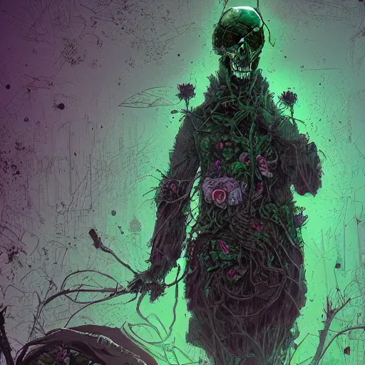 Image similar to spectral drifter, dark fantasy, flowers, pathway by josan gonzalez, black and green color scheme , horror, death, gore, guts, cgsociety