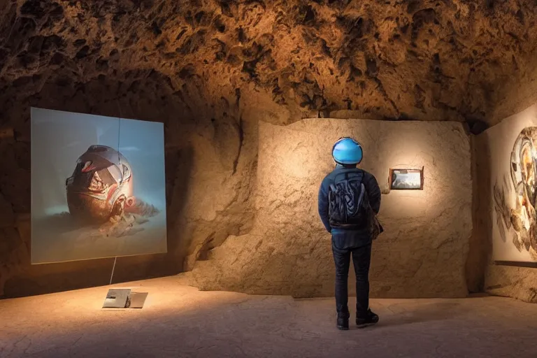 Prompt: a guy with a helmet explores an art gallery full of pictures, digital art, by dan mumford, by greg rutkowski, in a cave, volumetrics, octane render