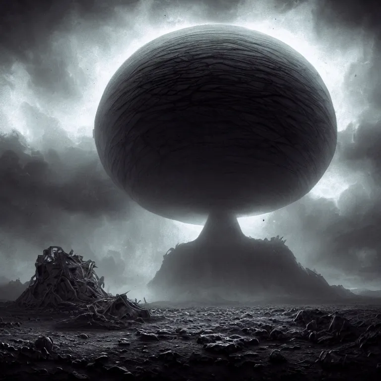 Image similar to landscape abandoned alien structure on exoplanet, wrecked technology, dark clouds, surreal abandoned buildings, dream-like heavy atmosphere, baroque painting, beautiful detailed intricate insanely detailed octane render trending on Artstation, 8K artistic photography, photorealistic, dramatic volumetric cinematic light, chiaroscuro, award-winning photograph, masterpiece, Raphael, Caravaggio, Beksinski, Giger