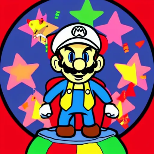 Image similar to svg sticker of a Pop-Wonder SuperMario, Mario-Wearing-a-red-hat, at a rave, spinning records, giant headphones rocking out, wearing headphones, huge speakers, dancing, rave, DJ, spinning records, digital art, amazing composition, rule-of-thirds, award-winning, trending on artstation, featured on deviantart