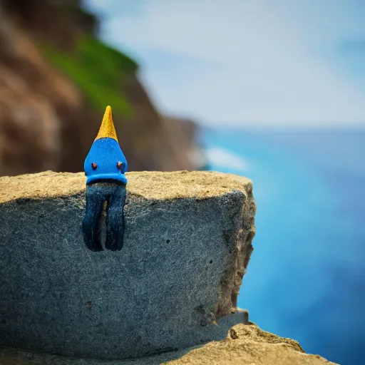 Image similar to cinematic front shot of a blue gnome standing on the edge of a cliff by the ocean, 8k, highly intricate, highly detailed,