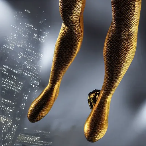 Image similar to gold spider - man suit with black web lining, cinematic, volumetric lighting, realistic, hyperdetailed, photorealistic, photograph