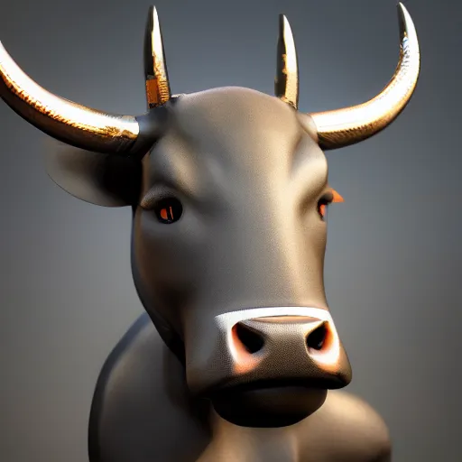 Prompt: a standing anthro bull android modeled after a bull looking into the camera, android, cyborg, half body, intricate, 3 d, hyper realism, fantasy, depth of field, octane render, symmetrical, highly detailed, digital art, artstation, concept art, cinematic lighting, trending