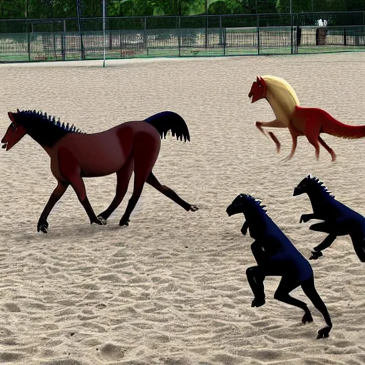 Image similar to horses and a velociraptors playing volleyball