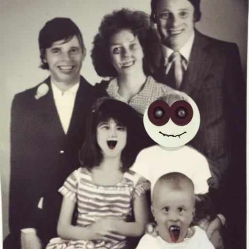 Image similar to creepy family photo, googly eyes, teeth, photo from the 80s