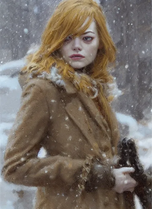 Prompt: emma stone in beige coat, close up, winter new york, snow, artwork by gaston bussiere, craig mullins, trending on artstation