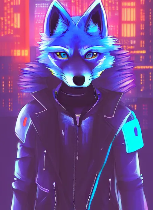 Prompt: beautiful portrait commission of a male furry anthro blue husky fox fursona wearing cyberpunk skater clothes. Cyberpunk city at night in the rain. Neon light. Atmospheric. Character design by charlie bowater, ross tran, artgerm, and makoto shinkai, detailed, inked, western comic book art