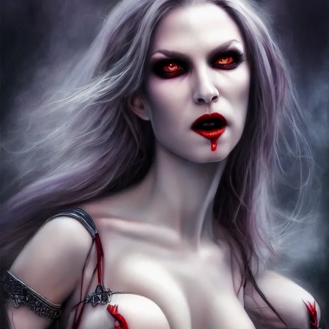 Image similar to beautiful vampire queen, highly detailed, 4 k, hdr, smooth, sharp focus, high resolution, award - winning photo, clayton crain, anne stokes, photorealistic