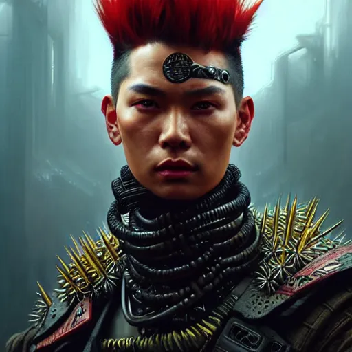 Prompt: portrait painting of a cyberpunk maori street samurai with spiky red hair, ultra realistic, concept art, intricate details, eerie, highly detailed, photorealistic, octane render, 8 k, unreal engine. art by artgerm and greg rutkowski and charlie bowater and magali villeneuve and alphonse mucha