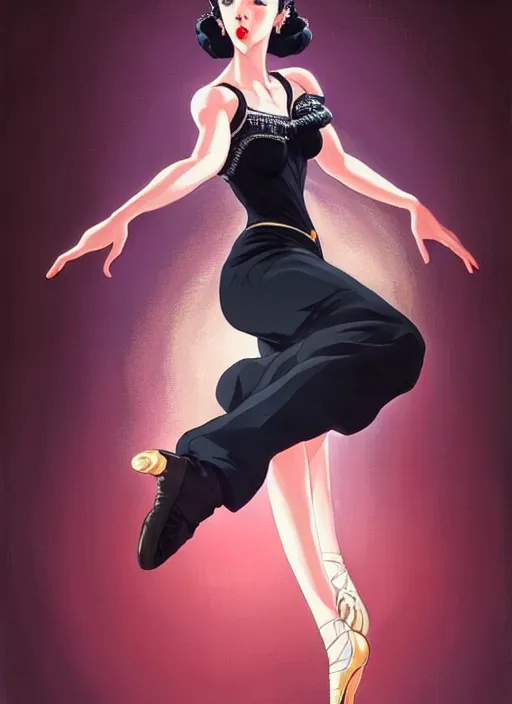 Image similar to a beautiful dancer with black hair in 1940's fashion, ballroom background, intricate, highly detailed, digital painting, artstation, official media, anime key visual, concept art, rich vivid colors, ambient lighting, sharp focus, illustration, art by Artgerm, Makoto Shinkai, Ilya Kuvshinov, Lois Van Baarle, and Rossdraws