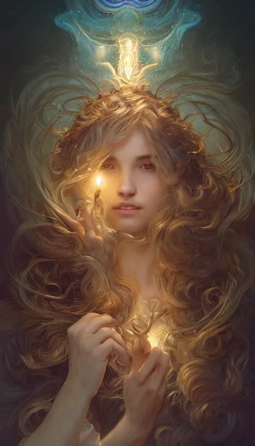 Prompt: small light magical creature, fibonacci, sweat drops, insane, intricate, highly detailed, digital painting, artstation, concept art, smooth, sharp focus, illustration, Unreal Engine 5, 8K, art by artgerm and greg rutkowski and alphonse mucha