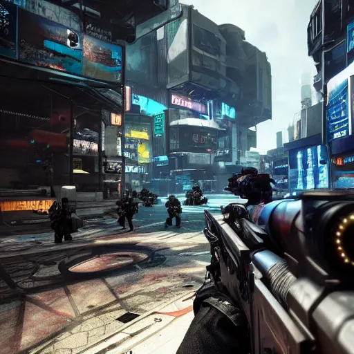 Image similar to futuristic call of duty game set in a cyberpunk city, ps 5, 8 k